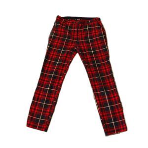 Zara Basic Red Plaid Slim Pants Size L Elastic Waist Tartan